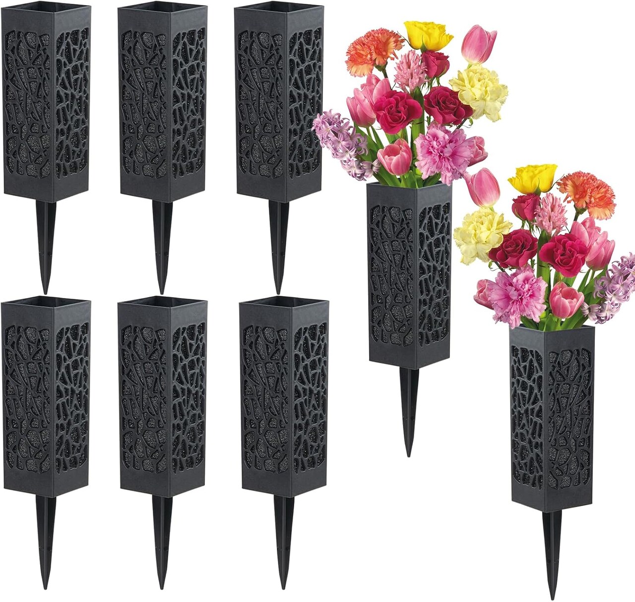 Cemetery Vases with Foam, Plastic Flower Holder with Spikes Gravestone Headstone Flower Vase for Artificial Flowers, Grave Cemetery Decoration (Set of 8, Black), Flowers not Included
